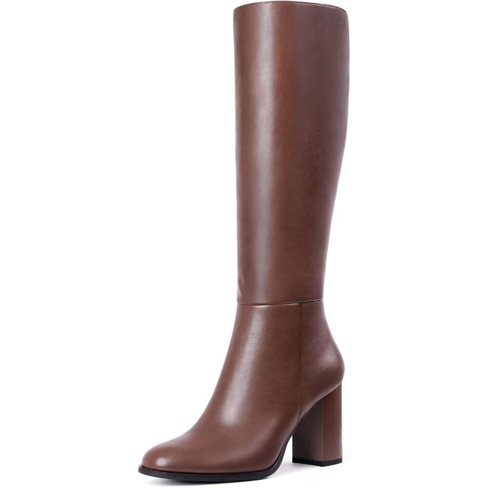 Women's Brown Knee High Boots Round Toe Side Zip Chunky Heel Boots Rubber